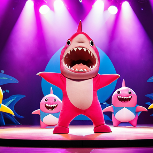 **Pinkfong and Baby Shark performing a live show on a brightly lit stage, joyful Swedish children in the audience.** (Focus on capturing the energy of a live performance and the joy of children interacting with Pinkfong).