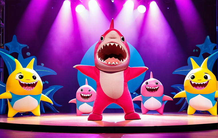 **Pinkfong and Baby Shark performing a live show on a brightly lit stage, joyful Swedish children in the audience.** (Focus on capturing the energy of a live performance and the joy of children interacting with Pinkfong).